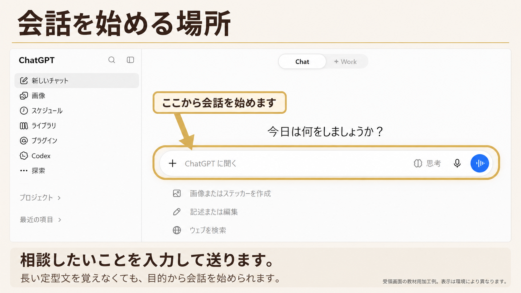 会話を始める場所。囲み・矢印：中央の入力欄