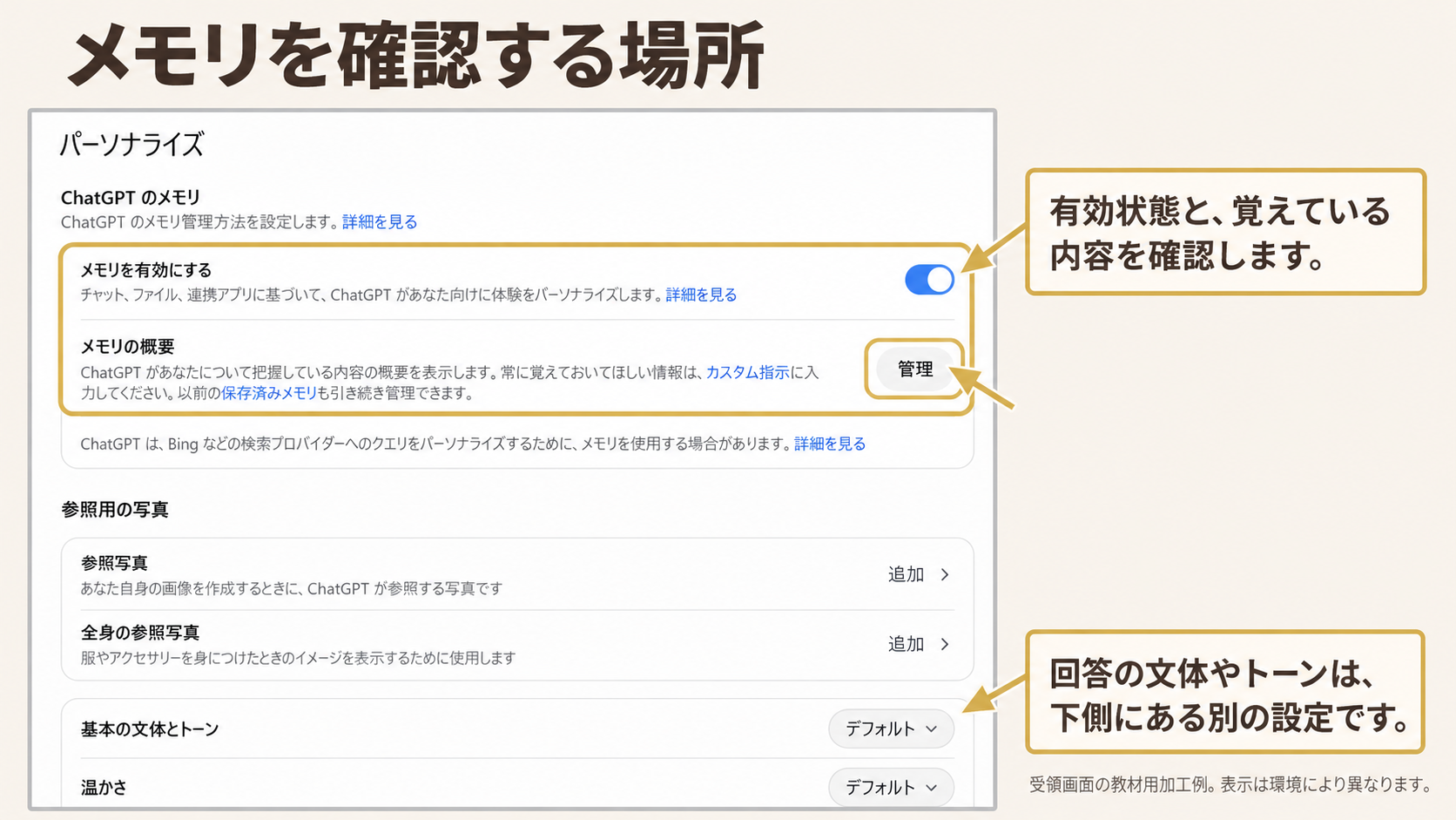 メモリを確認する場所。囲み・矢印：メモリを有効にする・管理