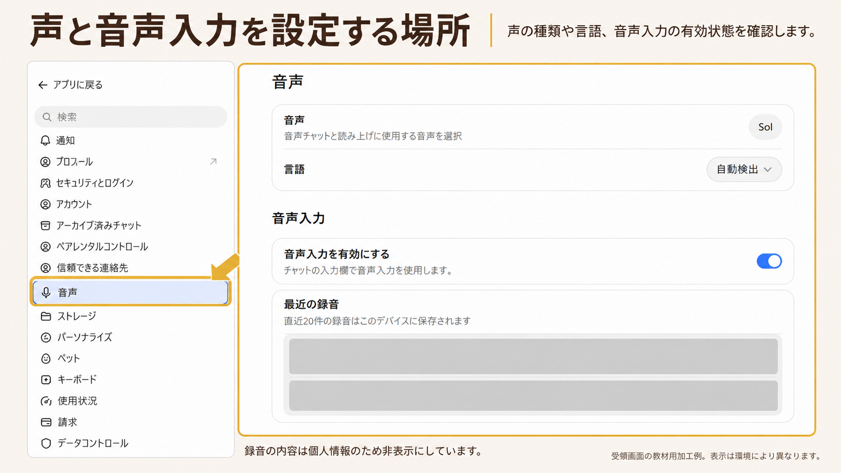 声と音声入力を設定する場所。囲み・矢印：音声・音声入力