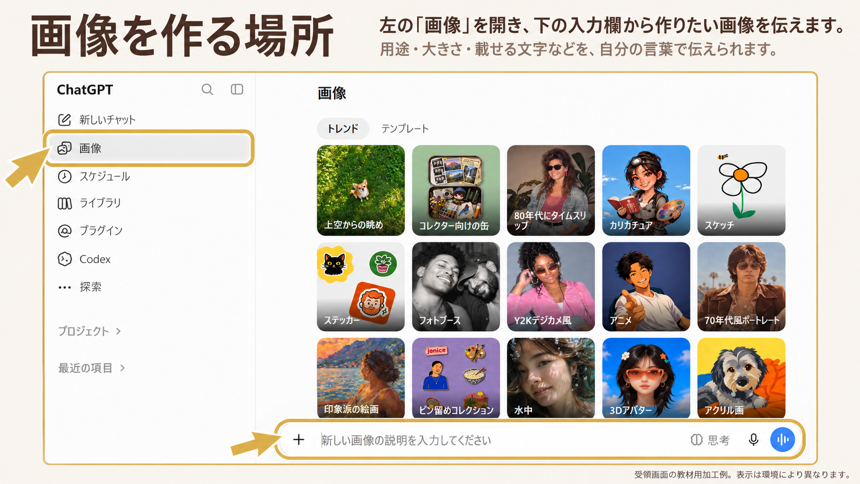 画像を作る場所。囲み・矢印：画像の説明を入力する欄