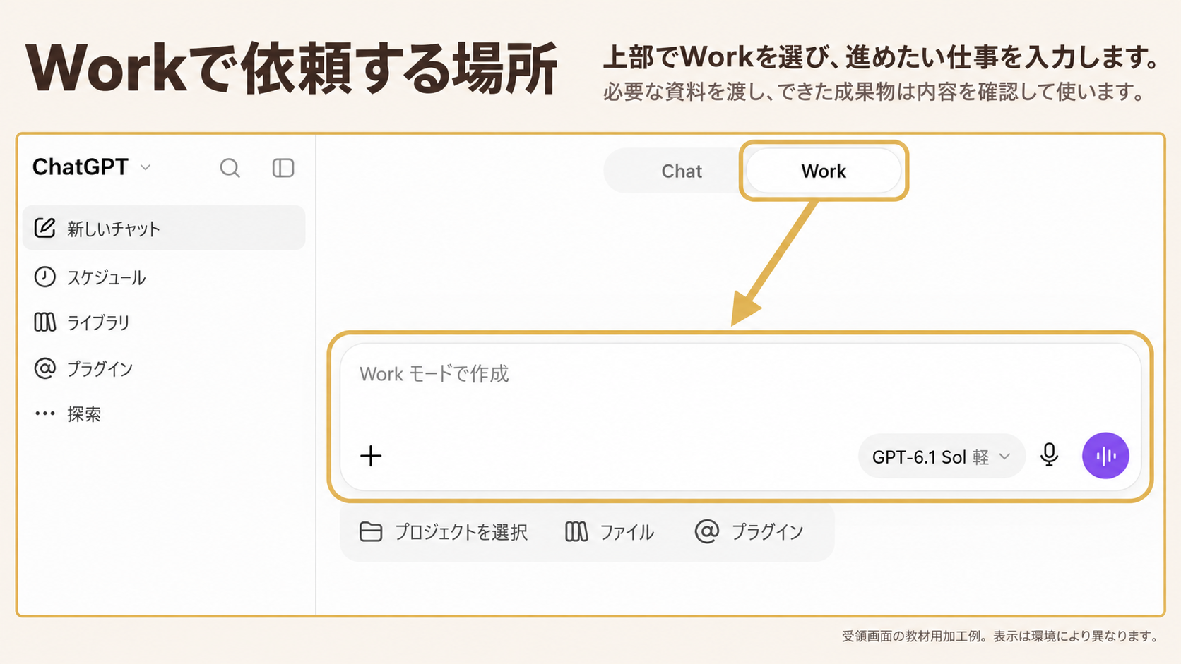 Workで依頼する場所。囲み・矢印：Workタブ・中央の入力欄
